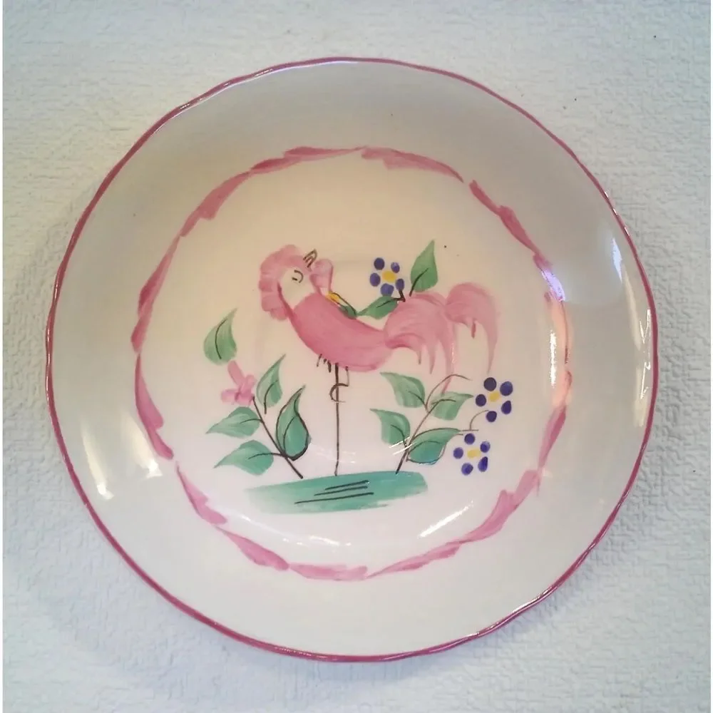 English Chanticleer Cup Saucer  Double Handle Tea Soup Cup Pink Rooster England